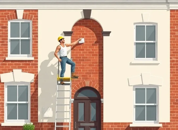 Peintre sur échafaudage traitant la façade d'une maison